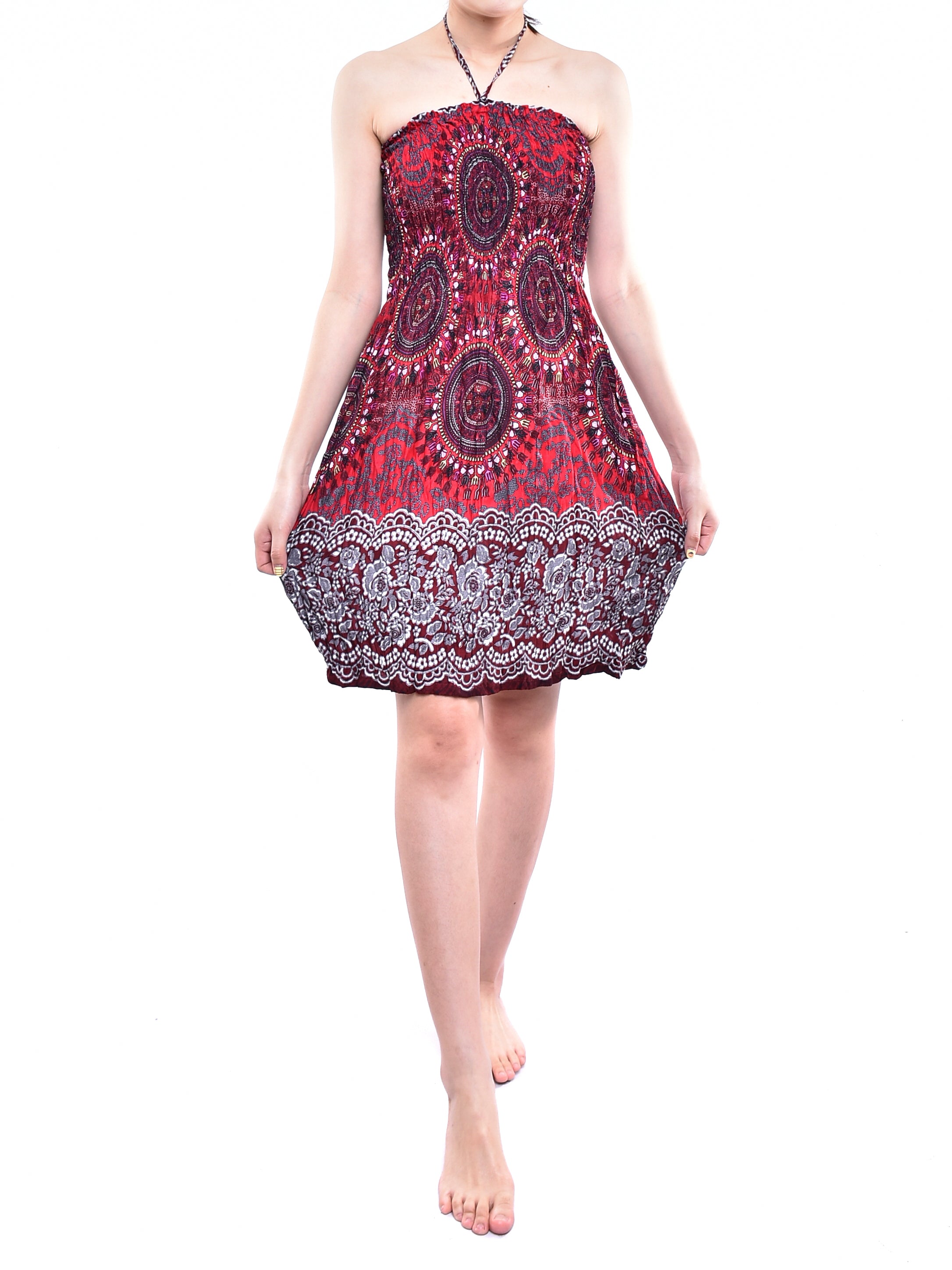 Bohotusk Red Sun Glow Print Short Mini Dress with Tie Neck, showcasing a vibrant print and stylish design.